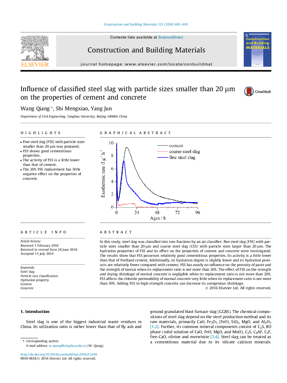 Influence of classified steel slag with particle sizes smaller than 20 μm on the properties of cement and concrete