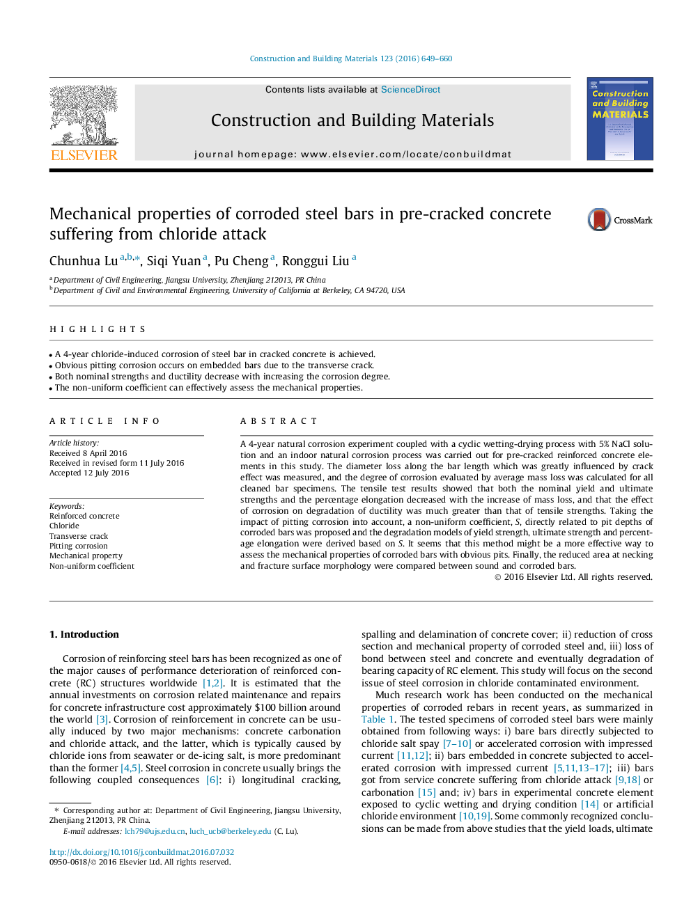 Mechanical properties of corroded steel bars in pre-cracked concrete suffering from chloride attack