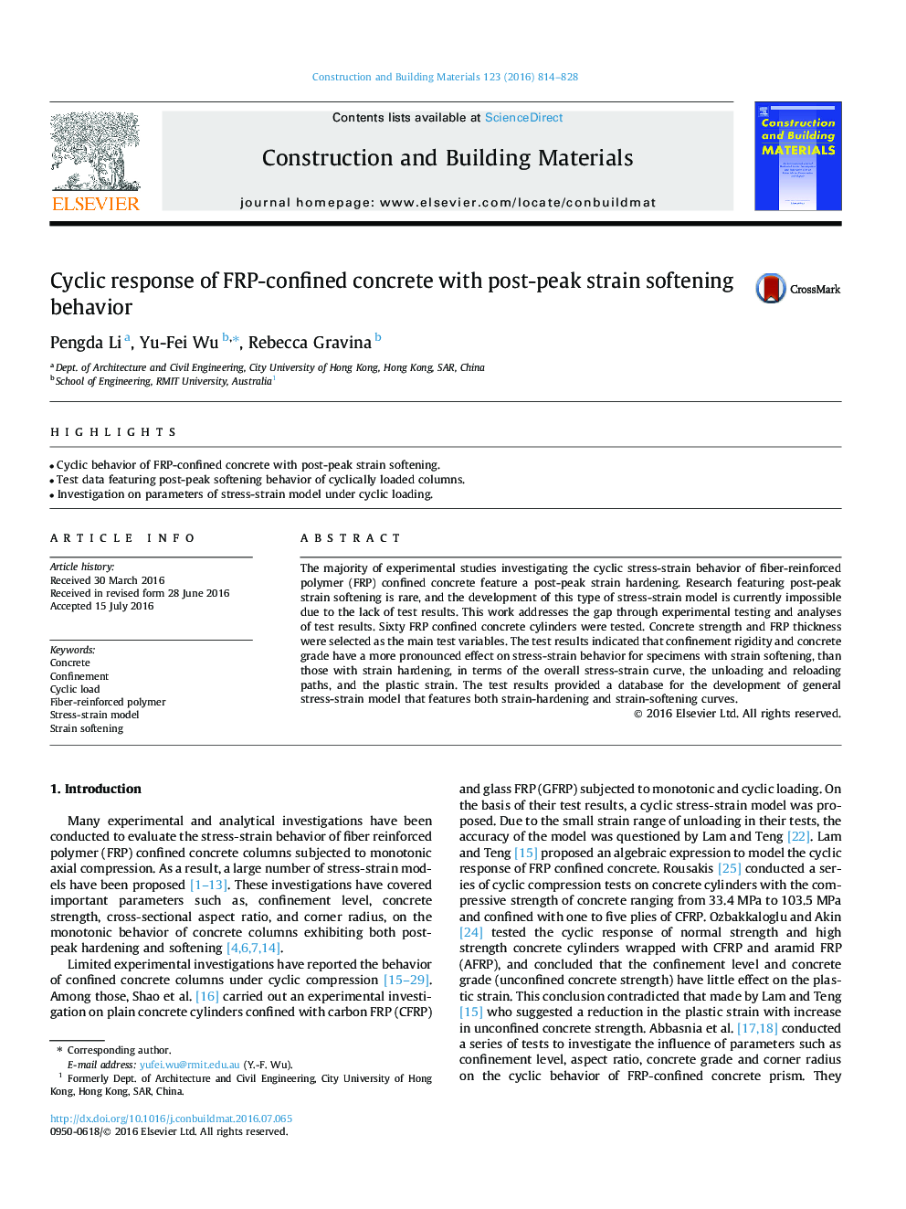 Cyclic response of FRP-confined concrete with post-peak strain softening behavior