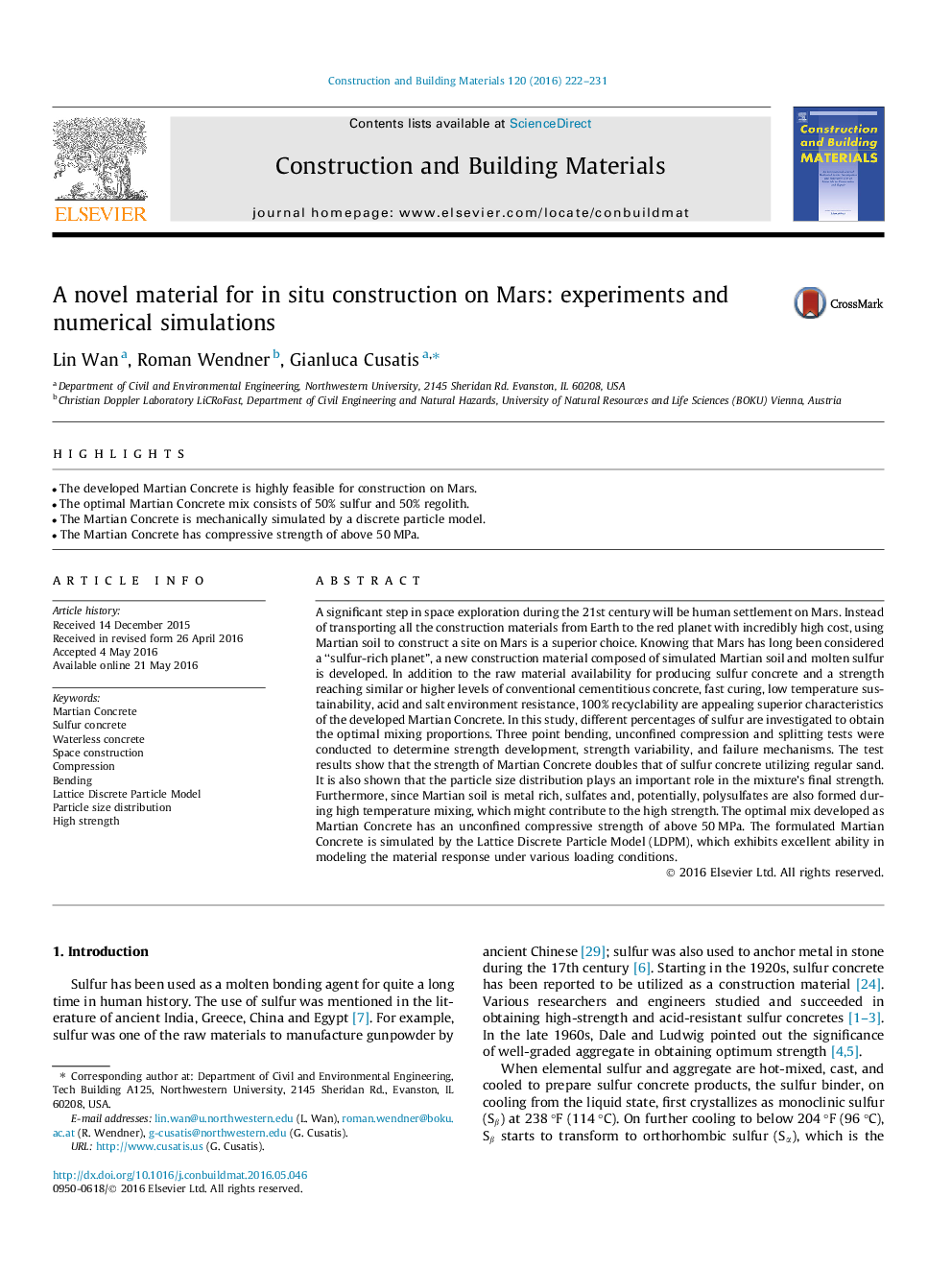 A novel material for in situ construction on Mars: experiments and numerical simulations