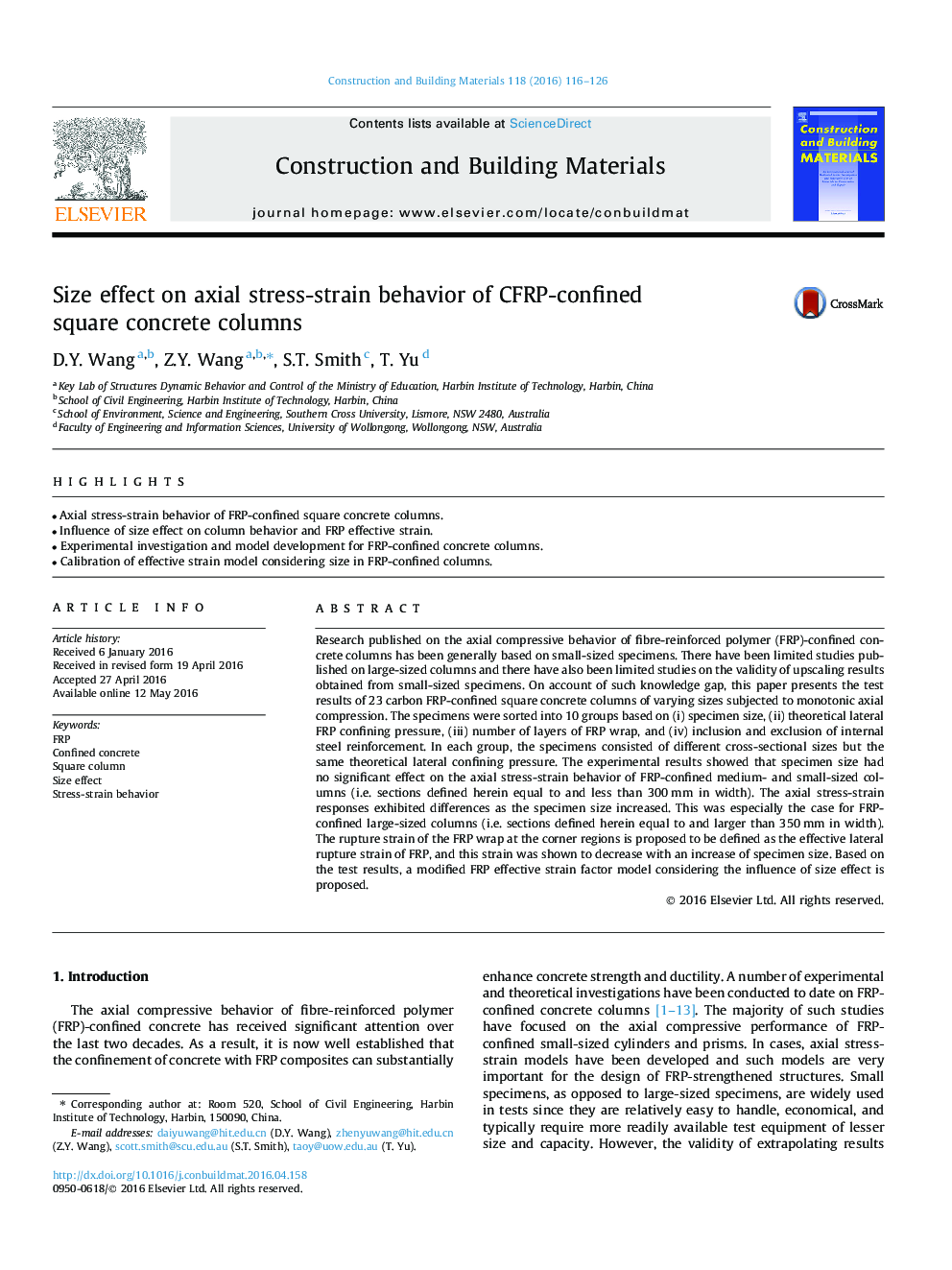 Size effect on axial stress-strain behavior of CFRP-confined square concrete columns