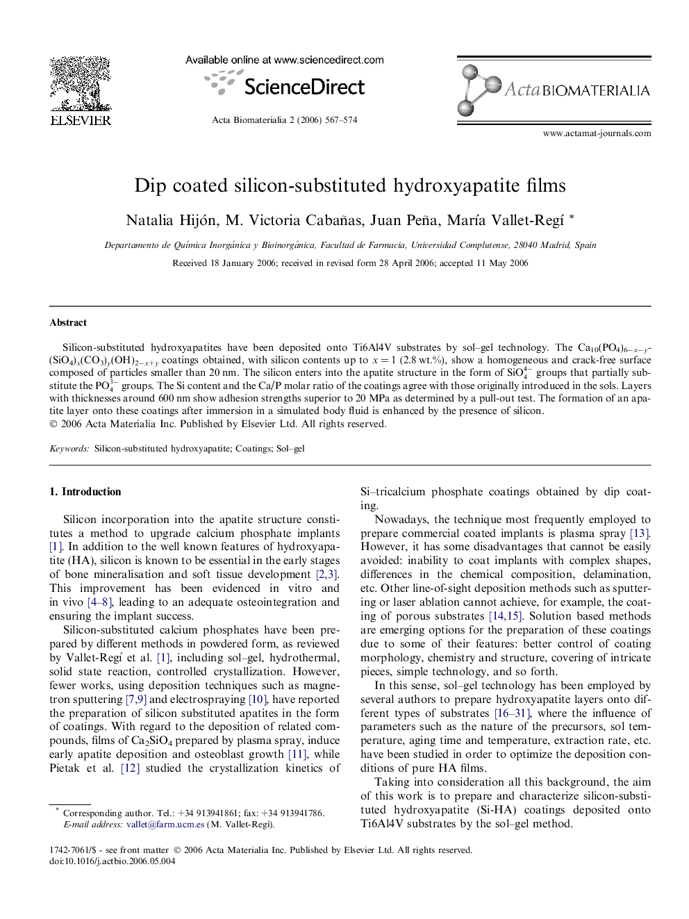 Dip coated silicon-substituted hydroxyapatite films