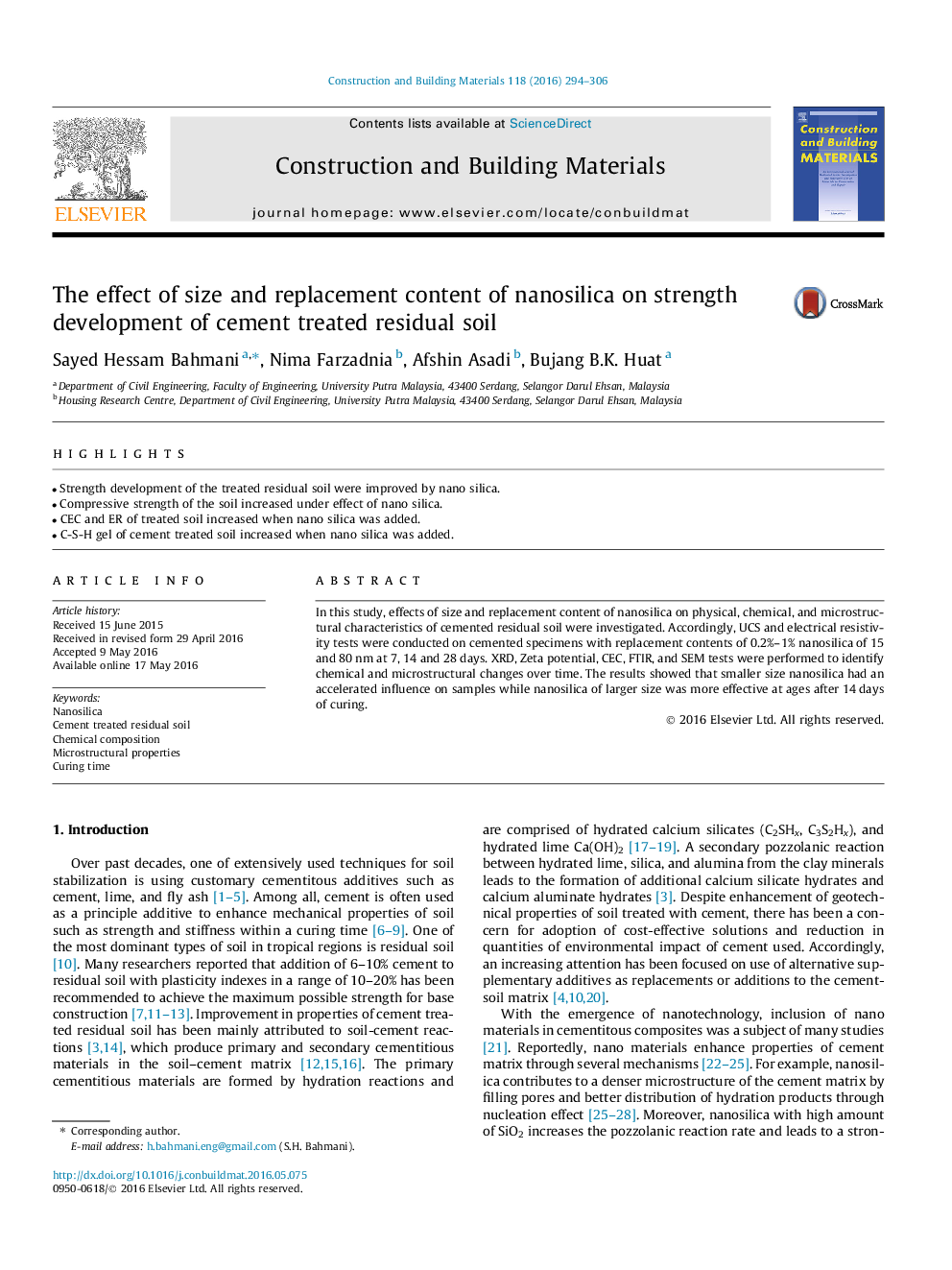 The effect of size and replacement content of nanosilica on strength development of cement treated residual soil