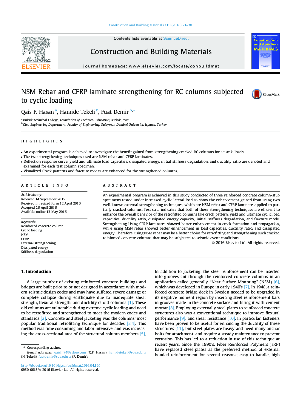 NSM Rebar and CFRP laminate strengthening for RC columns subjected to cyclic loading