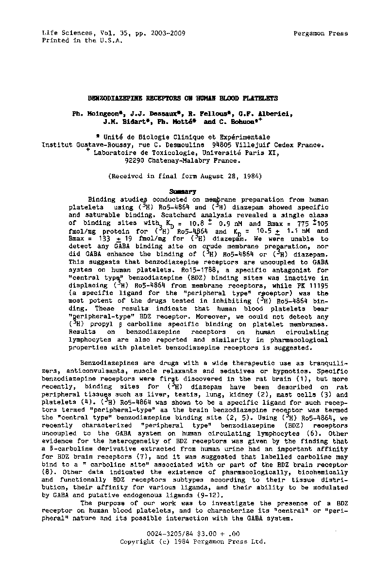 Benzodiazepine receptors on human blood platelets