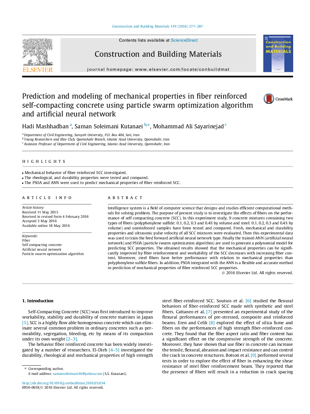 Prediction and modeling of mechanical properties in fiber reinforced self-compacting concrete using particle swarm optimization algorithm and artificial neural network