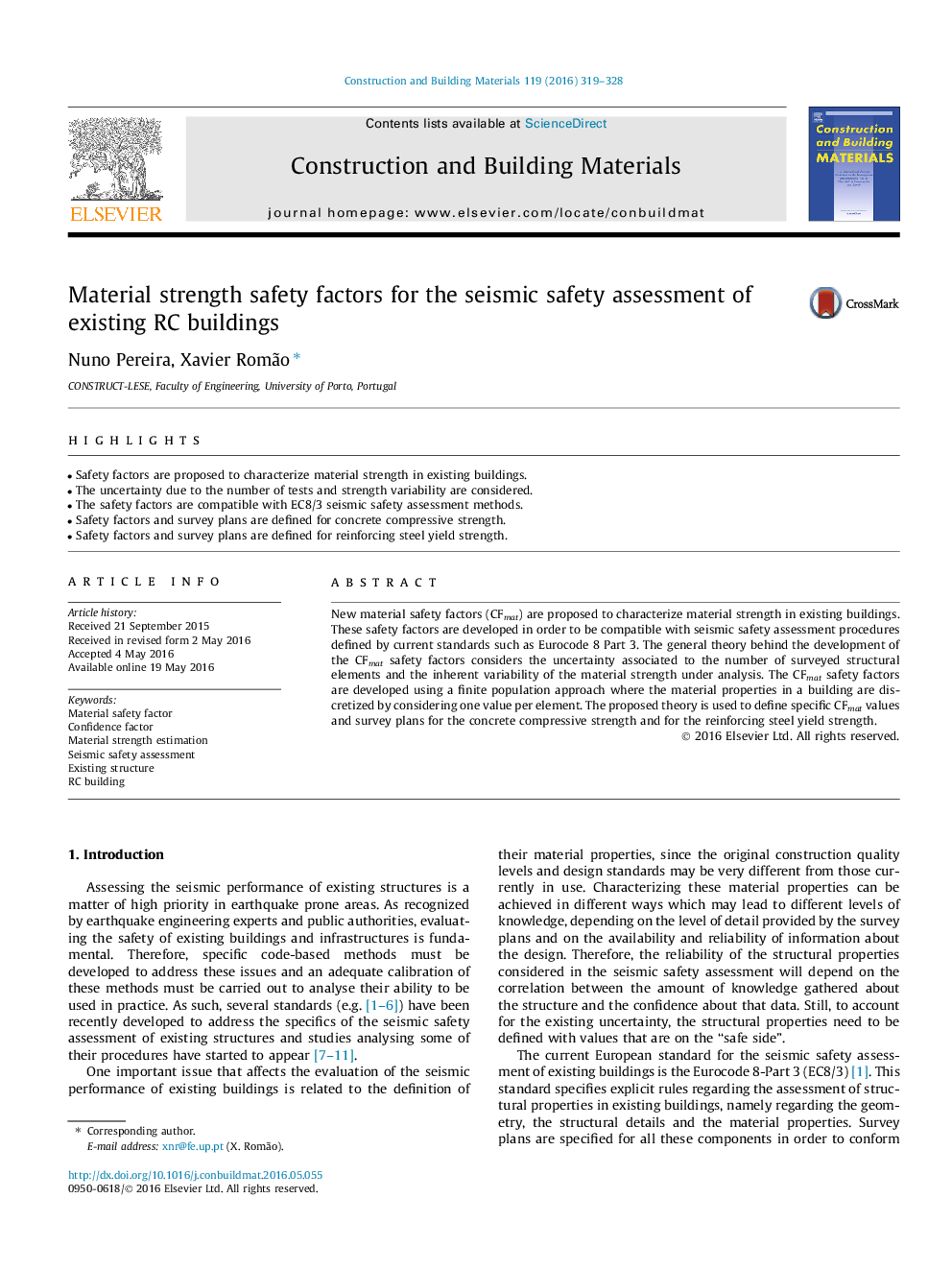 Material strength safety factors for the seismic safety assessment of existing RC buildings