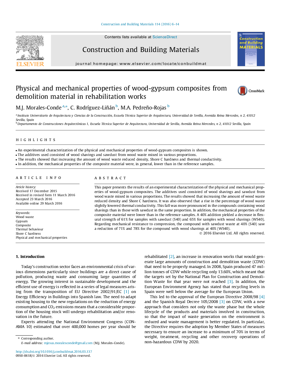 Physical and mechanical properties of wood-gypsum composites from demolition material in rehabilitation works