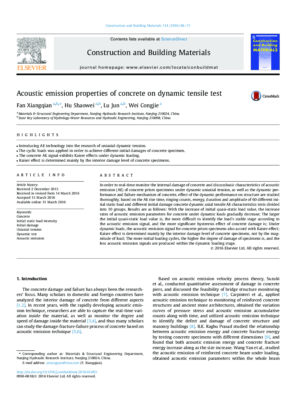 Acoustic emission properties of concrete on dynamic tensile test