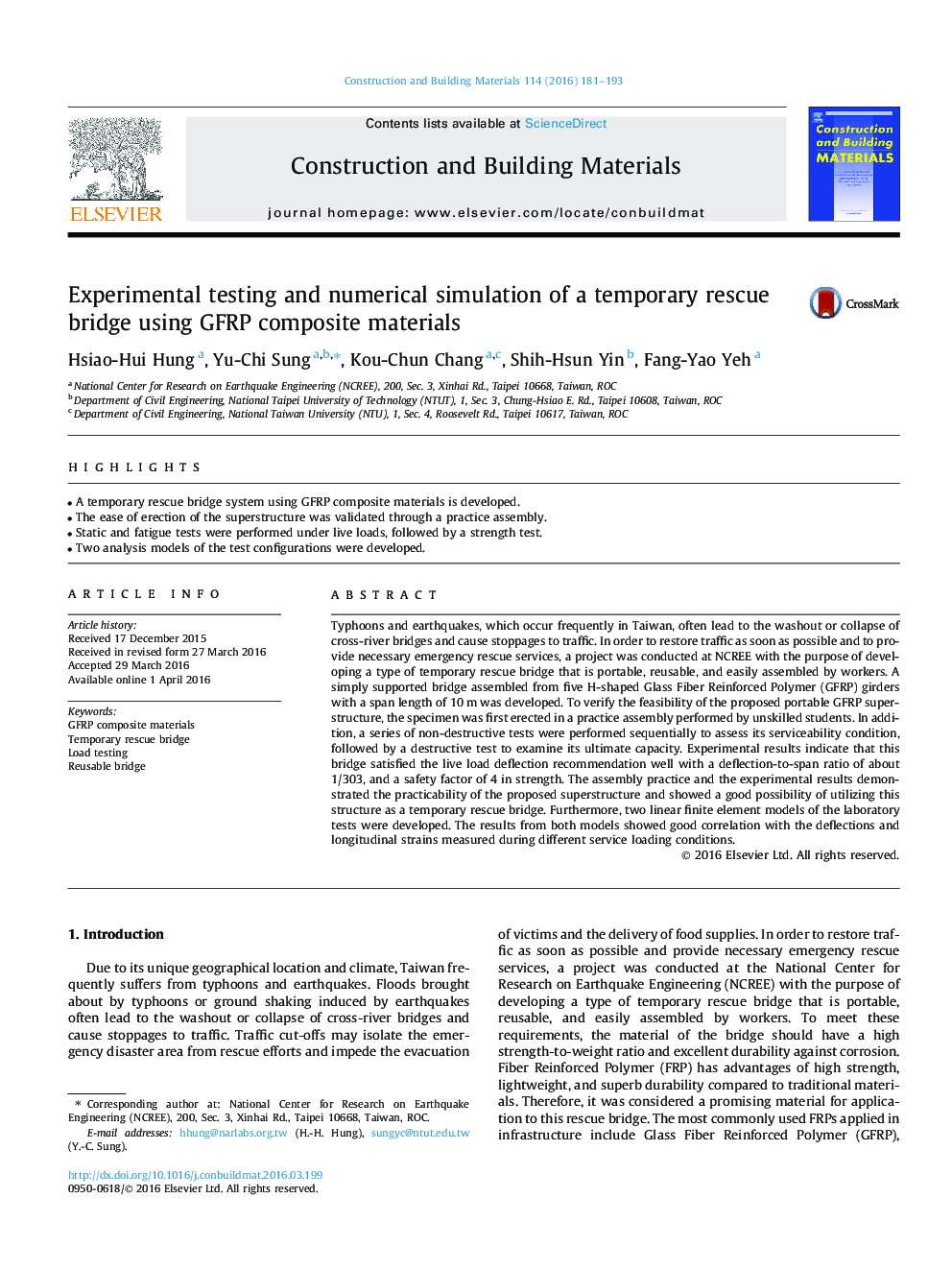 Experimental testing and numerical simulation of a temporary rescue bridge using GFRP composite materials