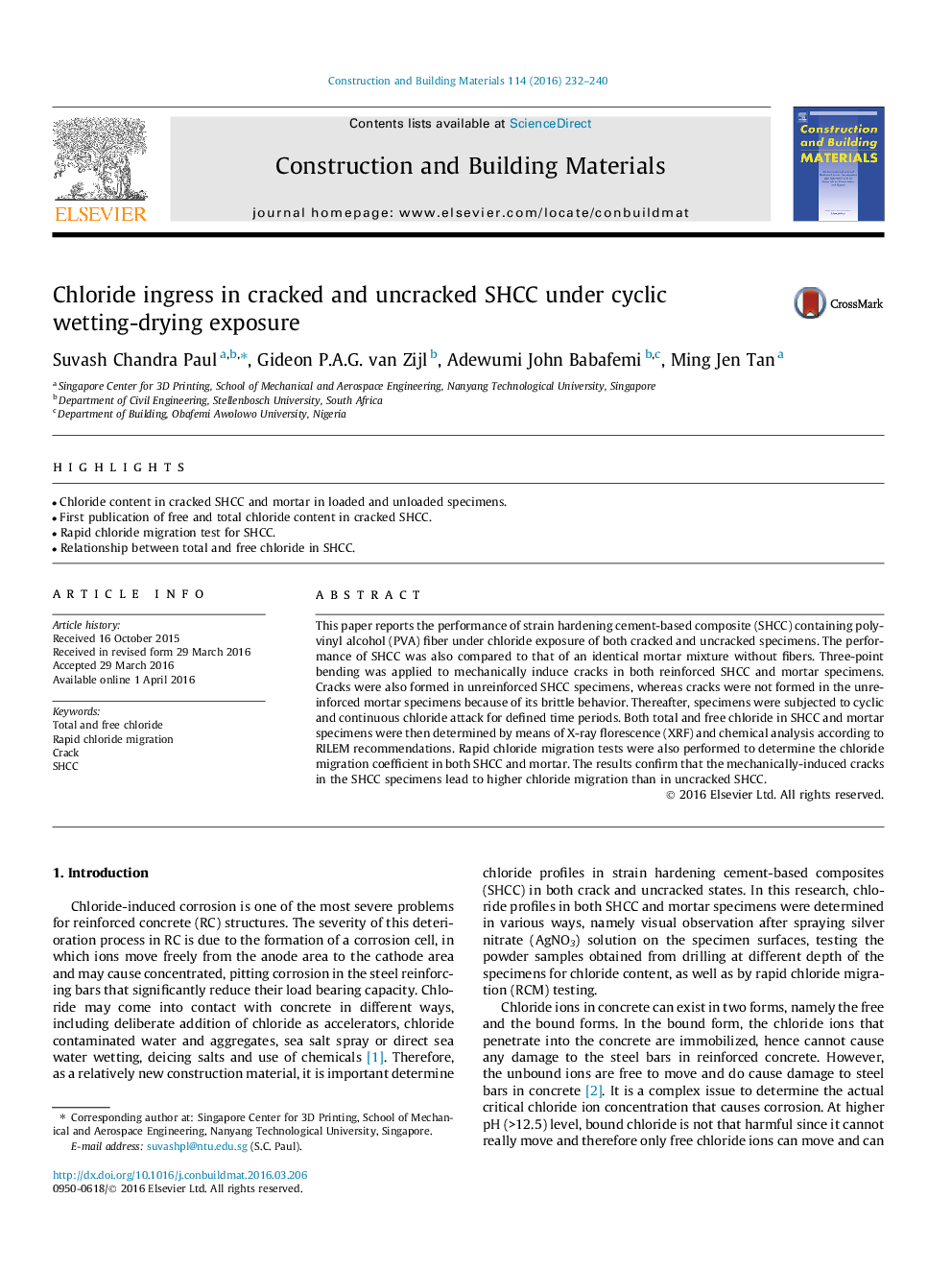 Chloride ingress in cracked and uncracked SHCC under cyclic wetting-drying exposure