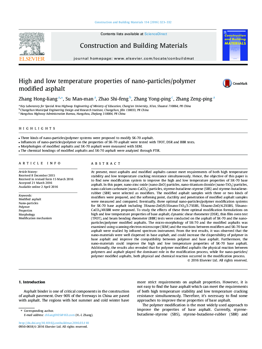 High and low temperature properties of nano-particles/polymer modified asphalt