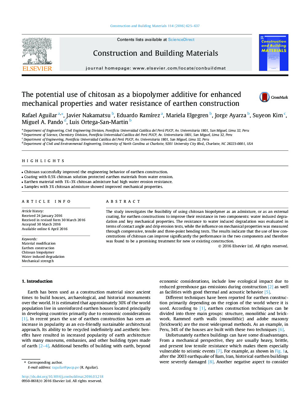 The potential use of chitosan as a biopolymer additive for enhanced mechanical properties and water resistance of earthen construction