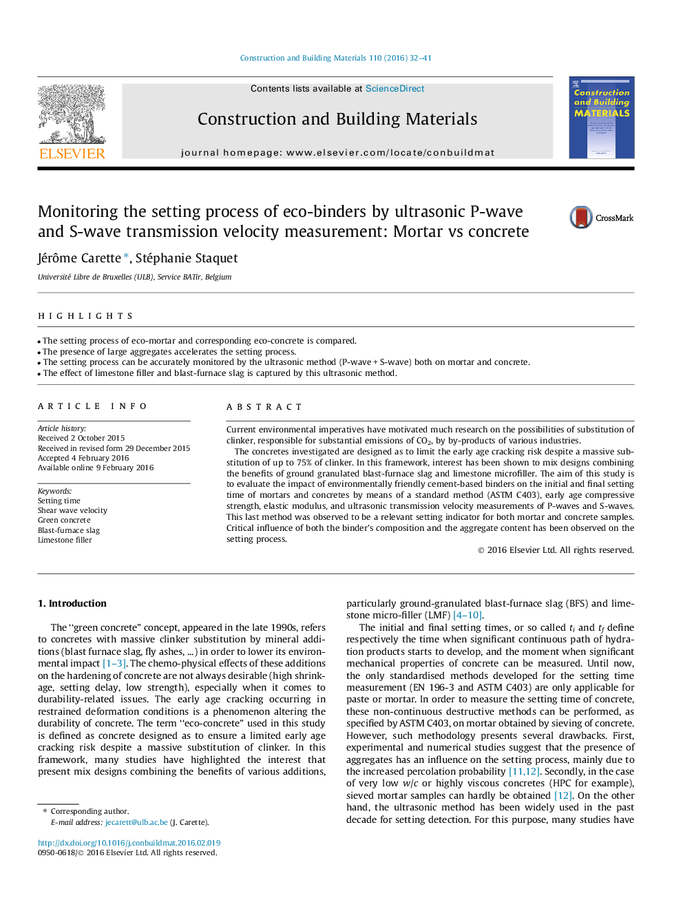 Monitoring the setting process of eco-binders by ultrasonic P-wave and S-wave transmission velocity measurement: Mortar vs concrete