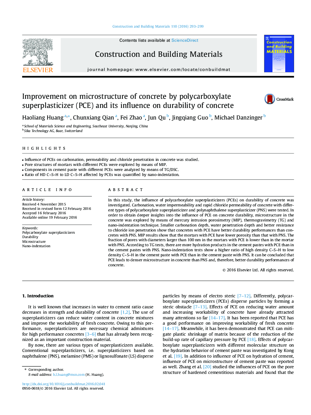 Improvement on microstructure of concrete by polycarboxylate superplasticizer (PCE) and its influence on durability of concrete