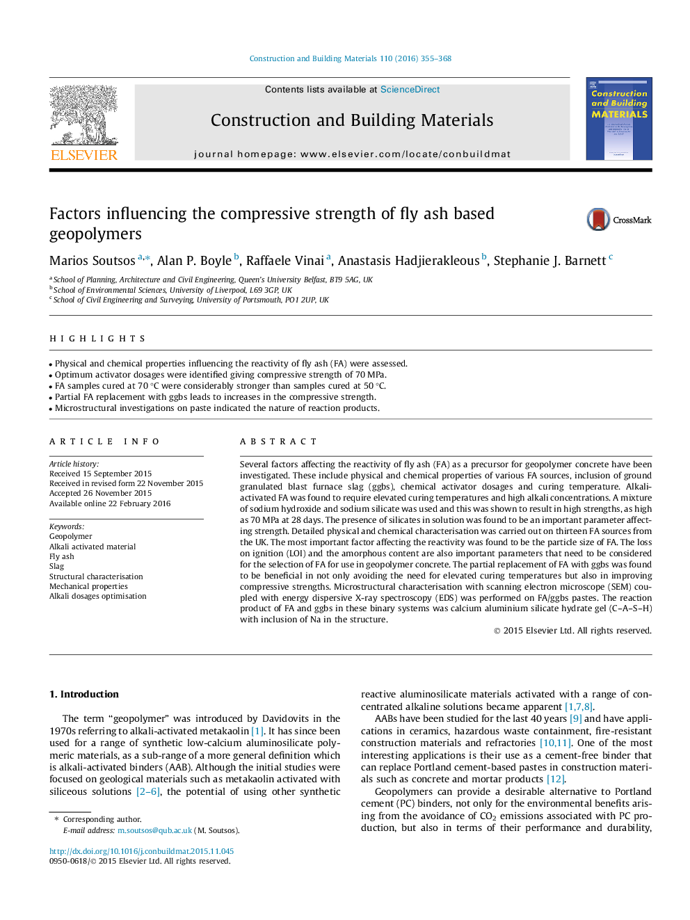 Factors influencing the compressive strength of fly ash based geopolymers