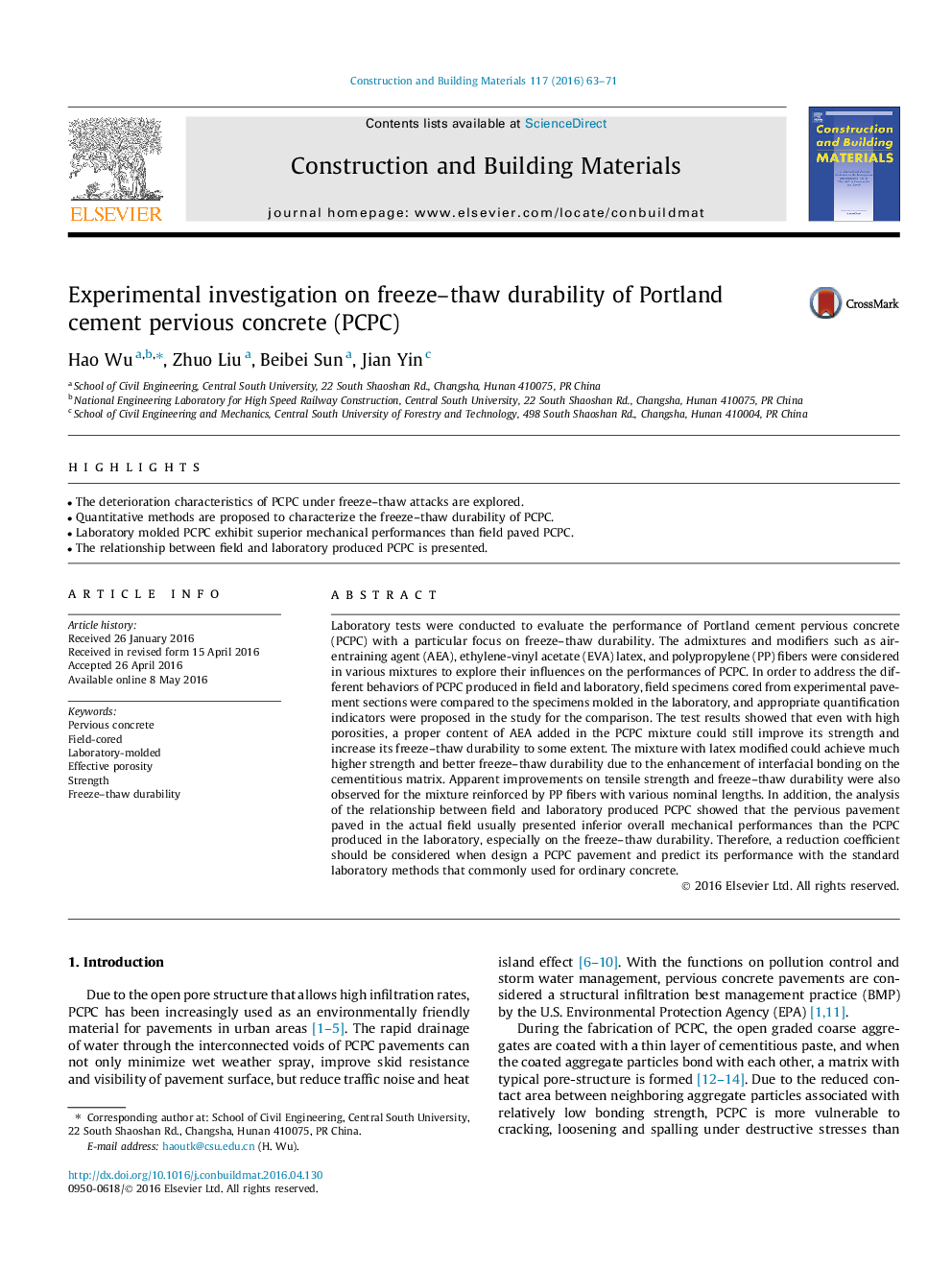 Experimental investigation on freeze–thaw durability of Portland cement pervious concrete (PCPC)