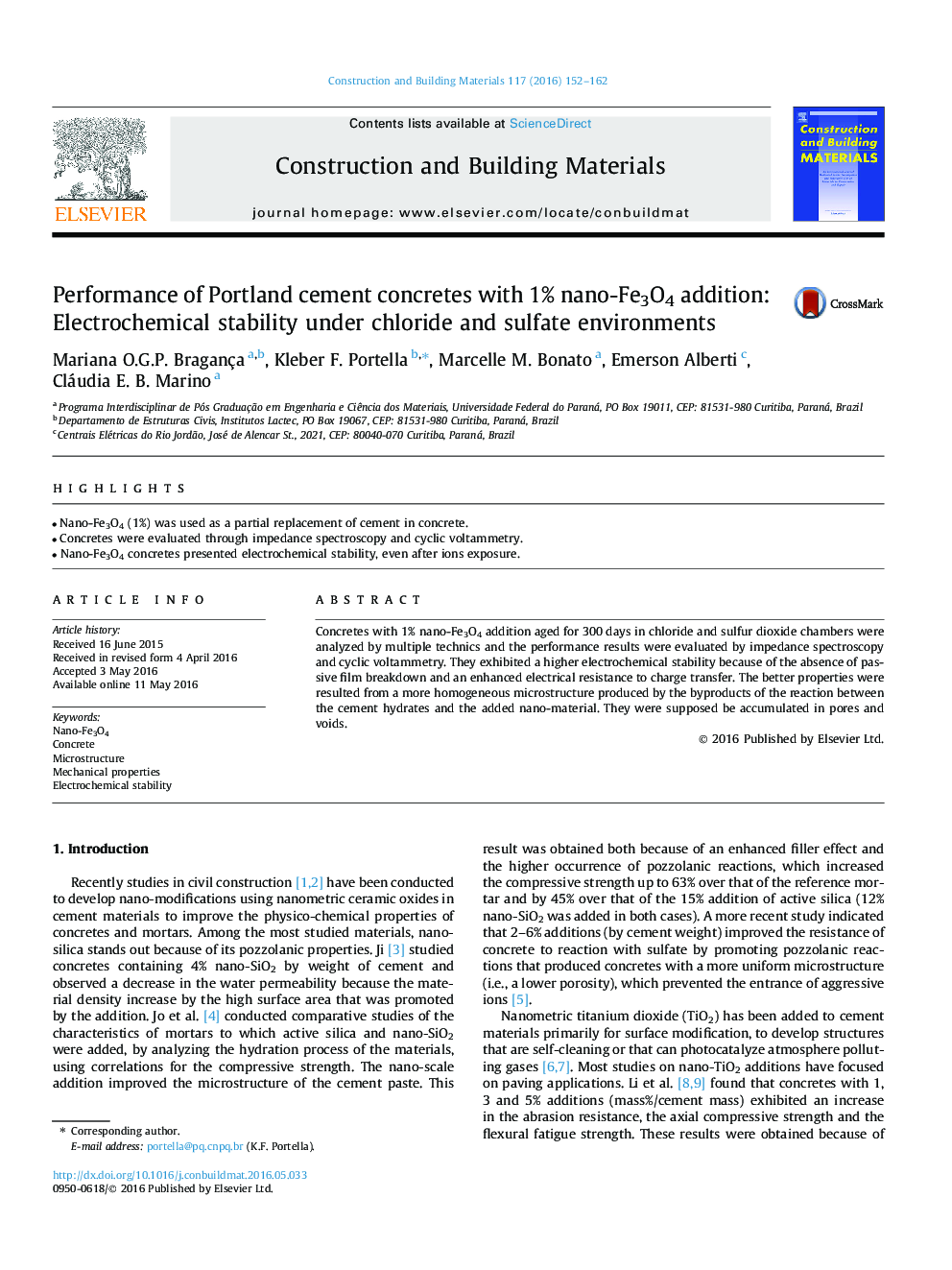 Performance of Portland cement concretes with 1% nano-Fe3O4 addition: Electrochemical stability under chloride and sulfate environments