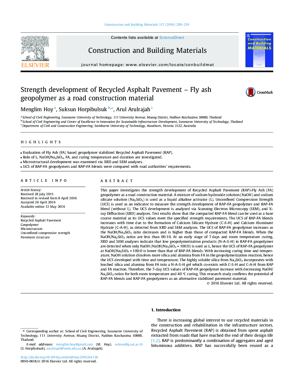 Strength development of Recycled Asphalt Pavement – Fly ash geopolymer as a road construction material