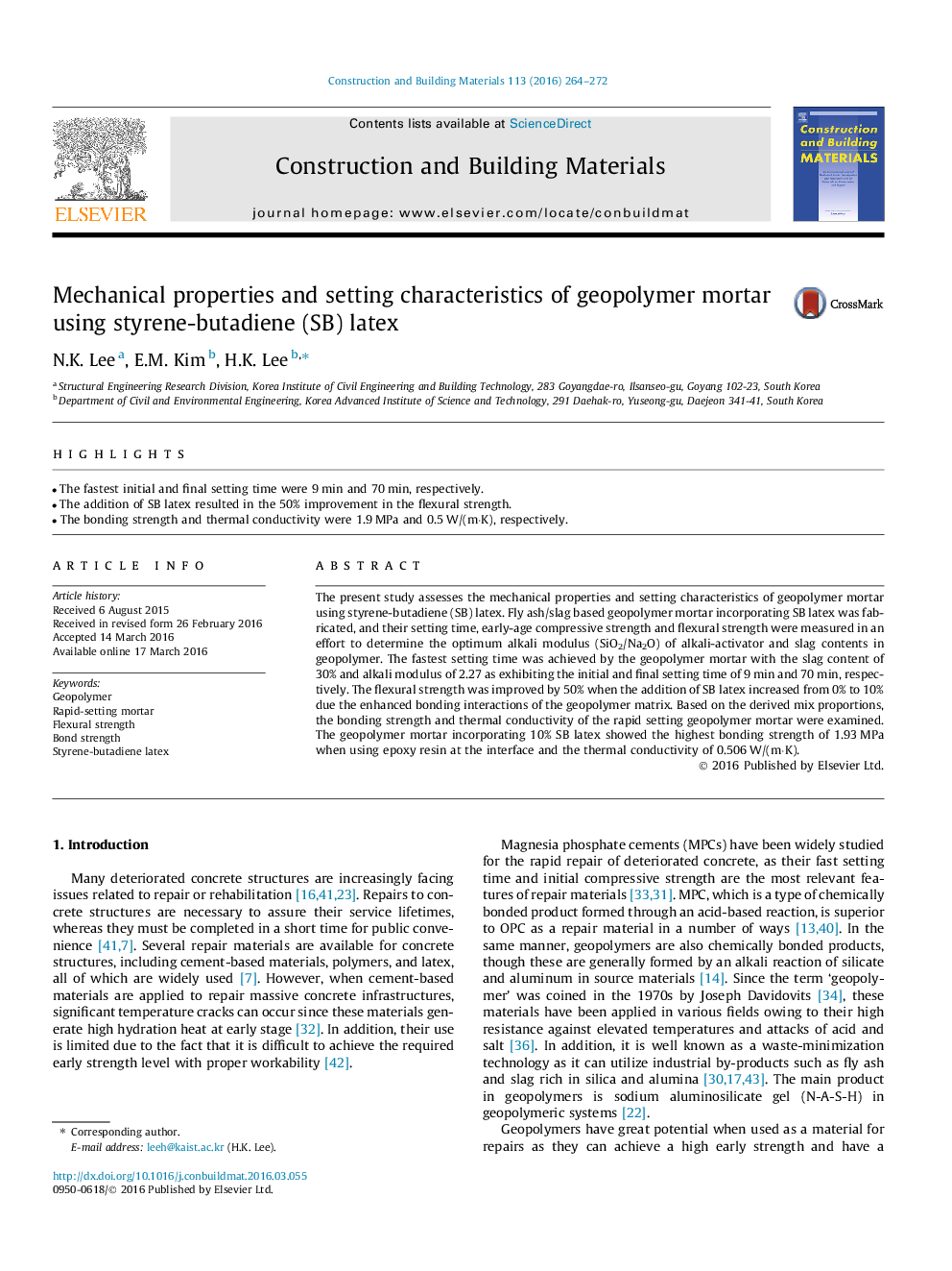 Mechanical properties and setting characteristics of geopolymer mortar using styrene-butadiene (SB) latex