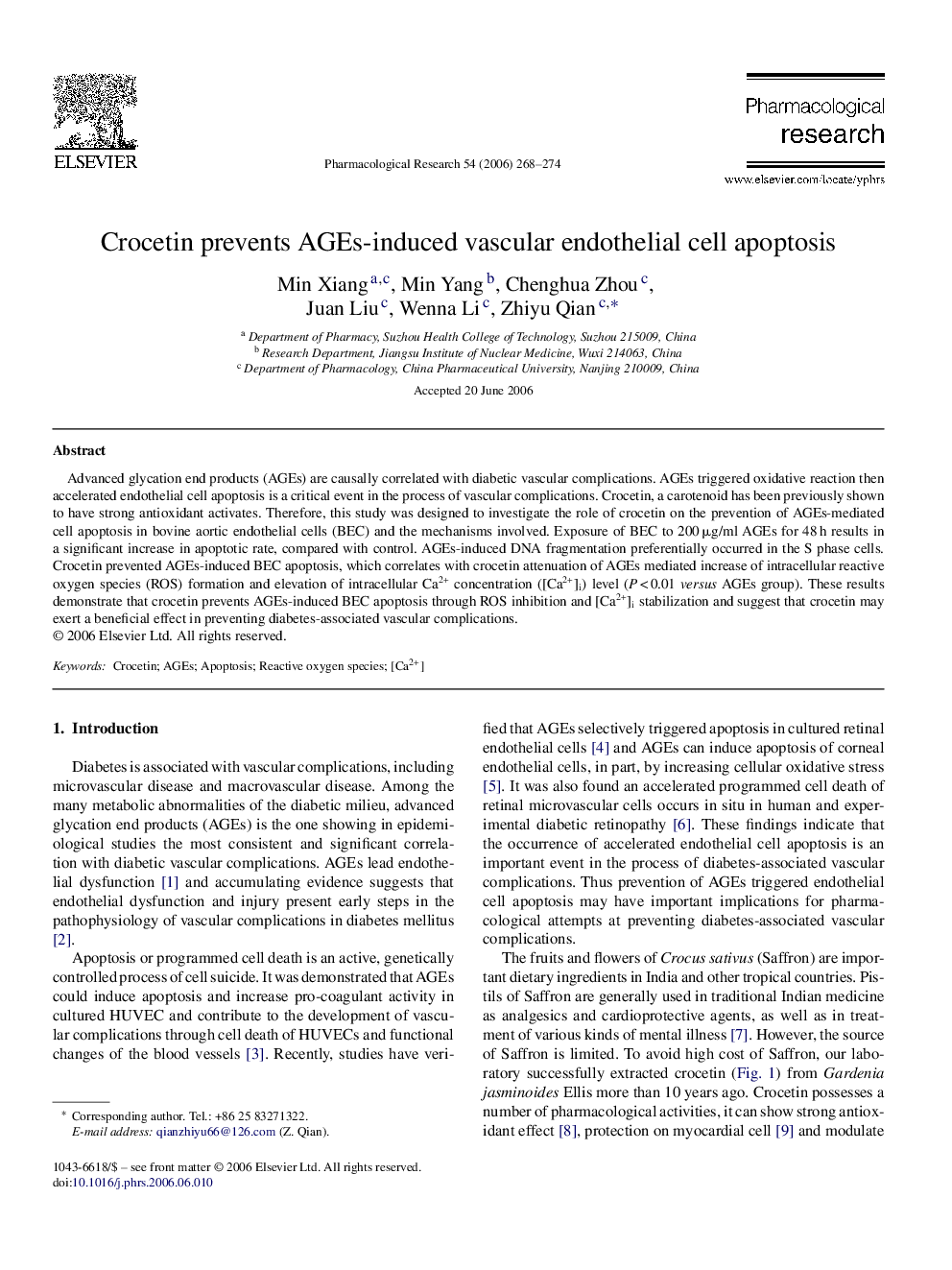 Crocetin prevents AGEs-induced vascular endothelial cell apoptosis