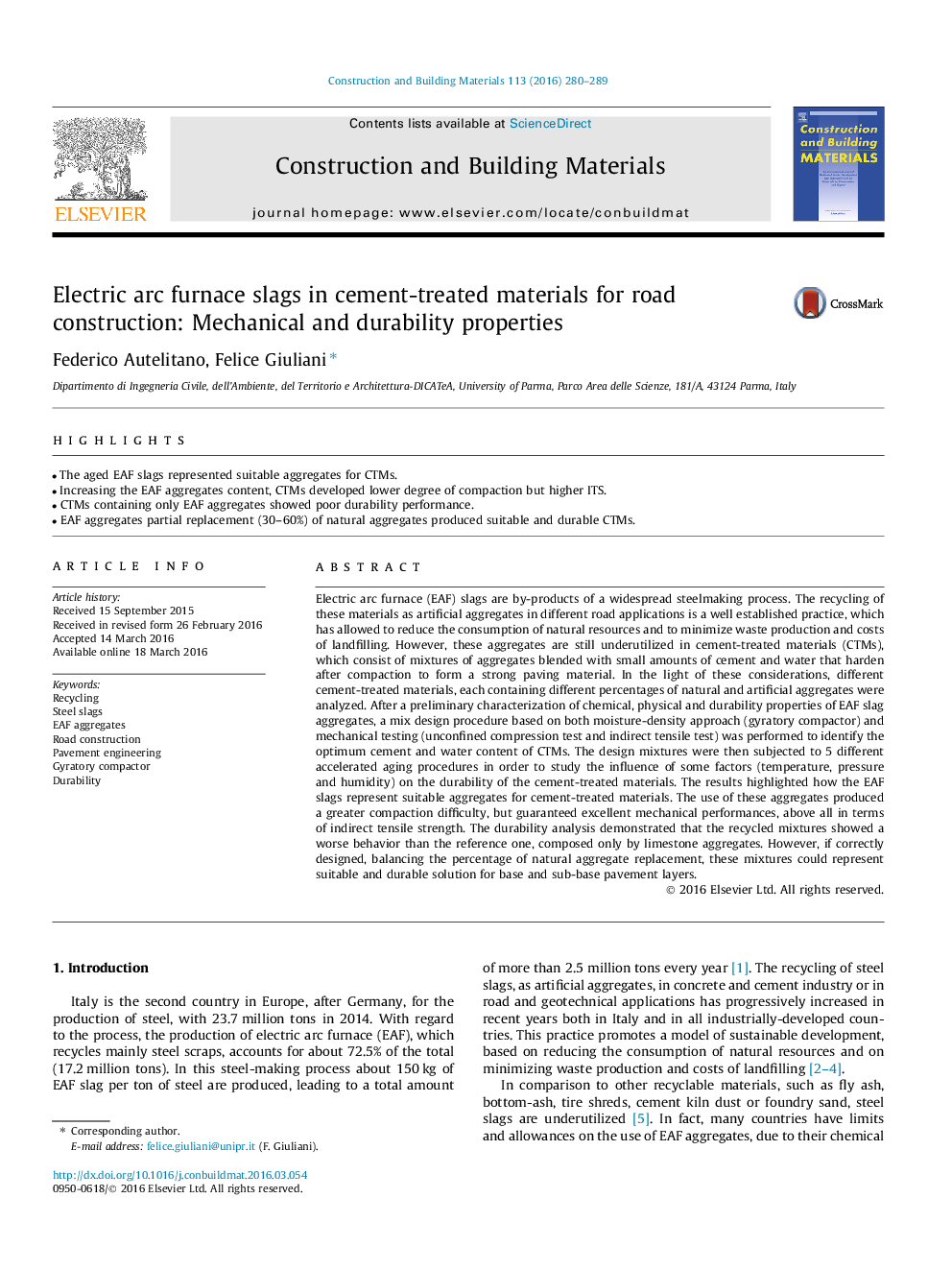 Electric arc furnace slags in cement-treated materials for road construction: Mechanical and durability properties