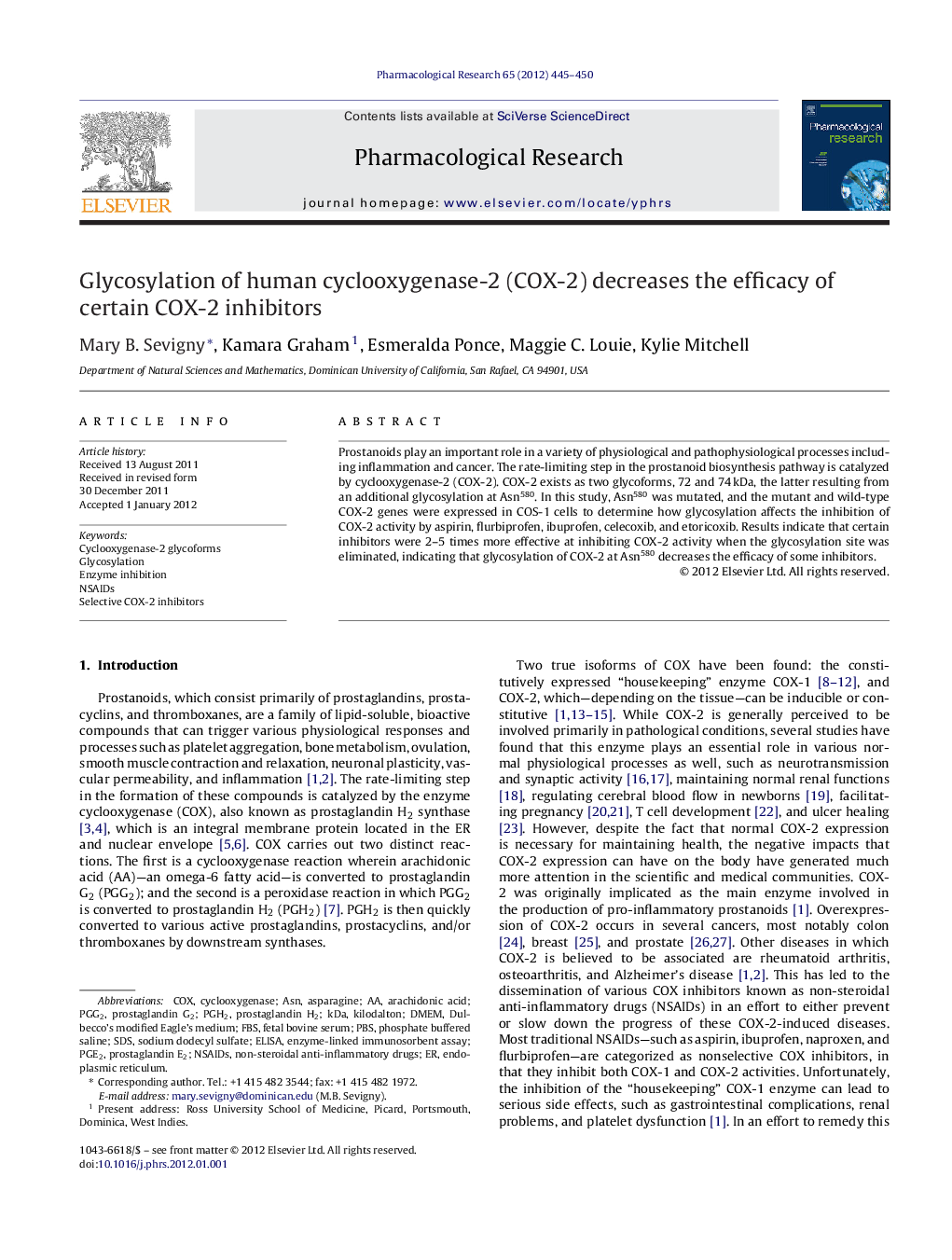 Glycosylation of human cyclooxygenase-2 (COX-2) decreases the efficacy of certain COX-2 inhibitors