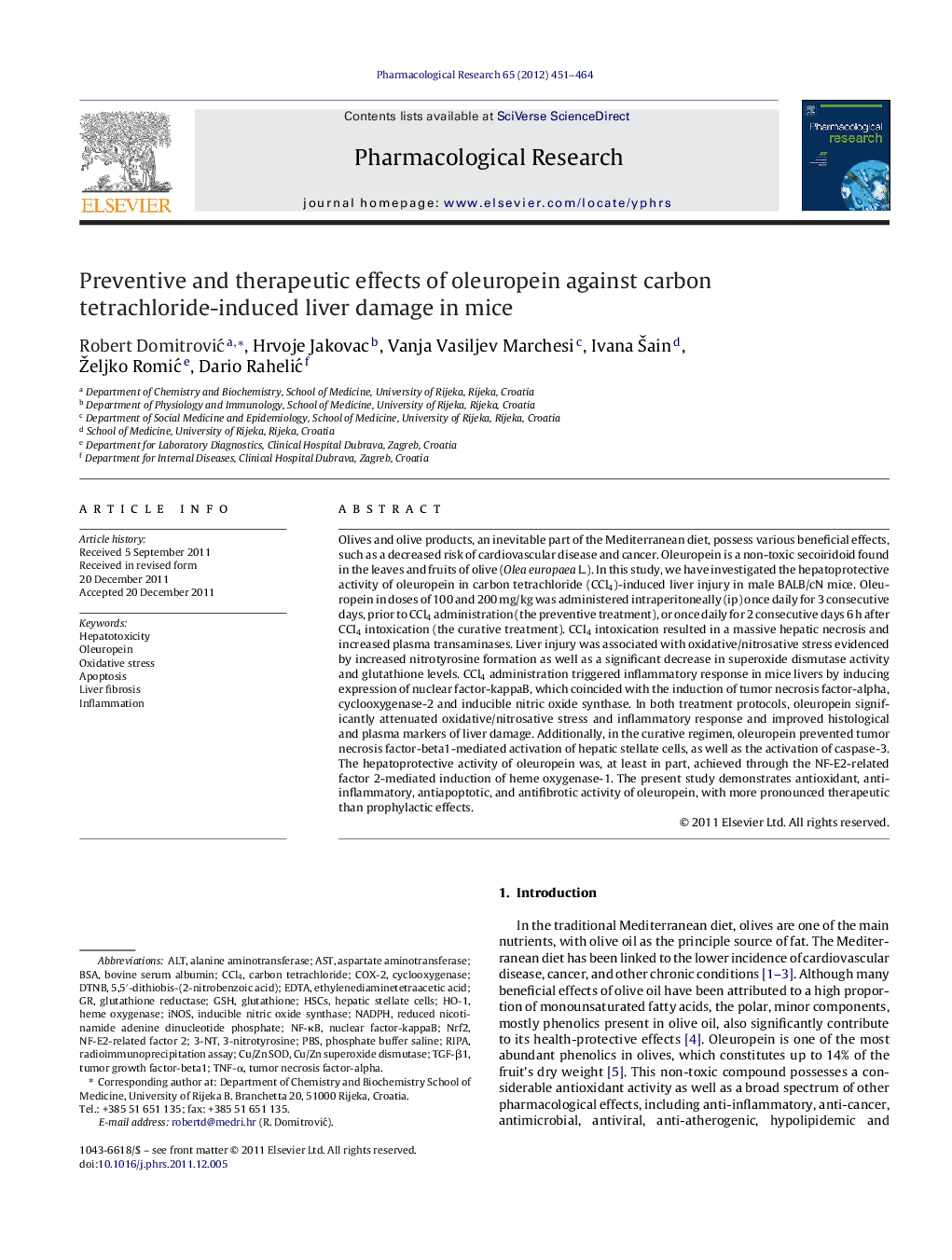 عکس صفحه اول مقاله: Preventive and therapeutic effects of oleuropein against carbon tetrachloride-induced liver damage in mice Preventive and therapeutic effects of oleuropein against carbon tetrachloride-induced liver damage in mice