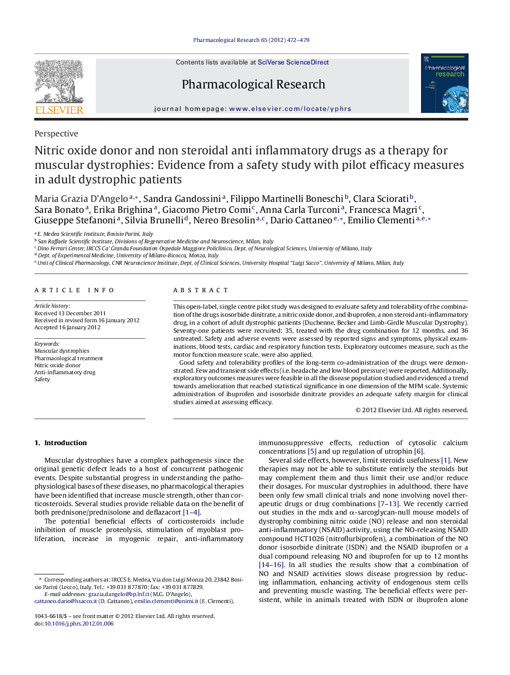 Nitric oxide donor and non steroidal anti inflammatory drugs as a therapy for muscular dystrophies: Evidence from a safety study with pilot efficacy measures in adult dystrophic patients