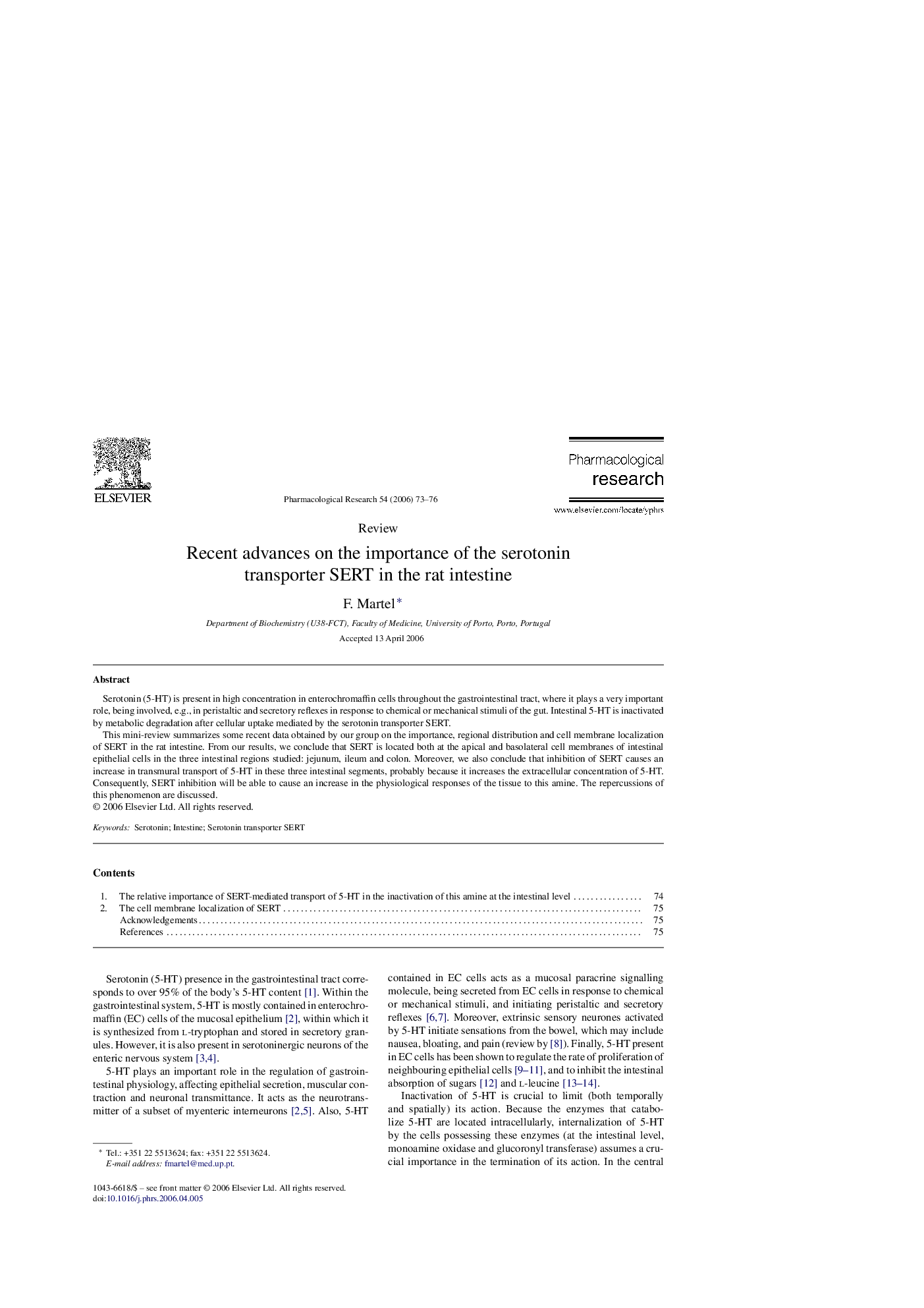 Recent advances on the importance of the serotonin transporter SERT in the rat intestine