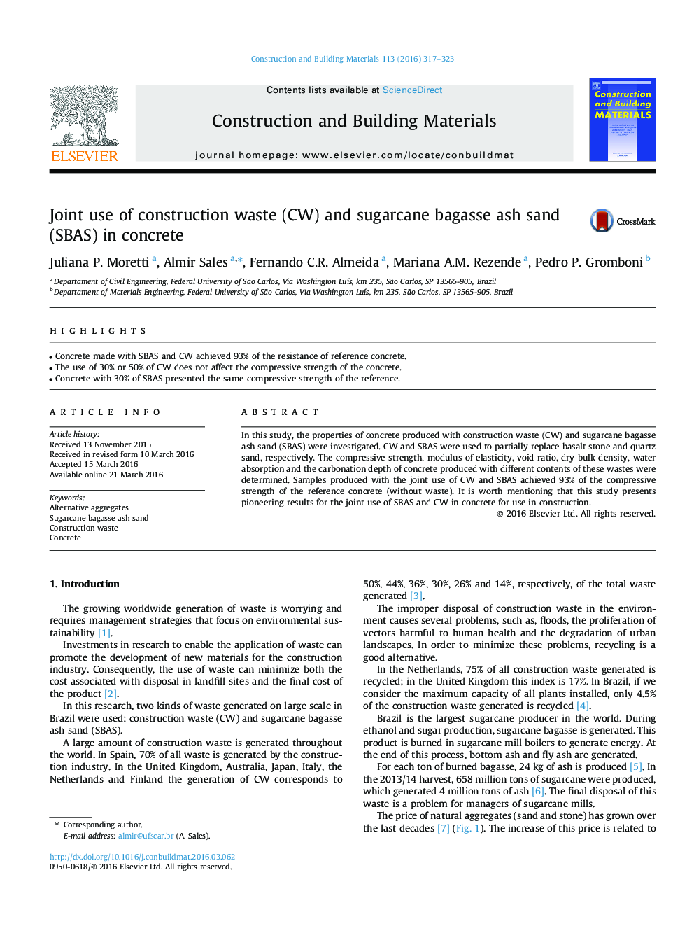 Joint use of construction waste (CW) and sugarcane bagasse ash sand (SBAS) in concrete