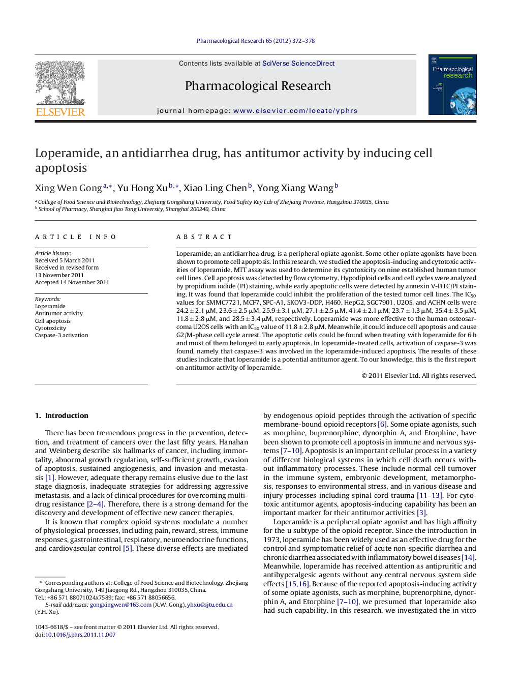 Loperamide, an antidiarrhea drug, has antitumor activity by inducing cell apoptosis