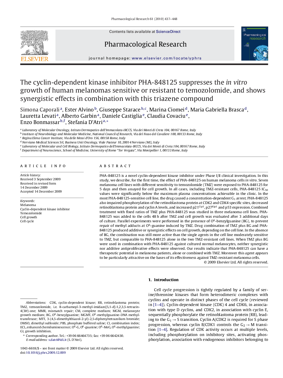 The cyclin-dependent kinase inhibitor PHA-848125 suppresses the in vitro growth of human melanomas sensitive or resistant to temozolomide, and shows synergistic effects in combination with this triazene compound