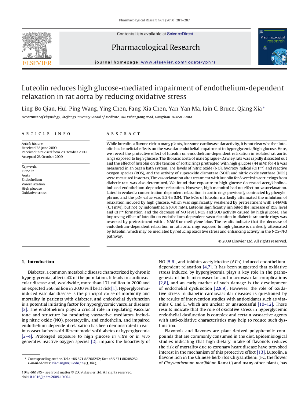 Luteolin reduces high glucose-mediated impairment of endothelium-dependent relaxation in rat aorta by reducing oxidative stress