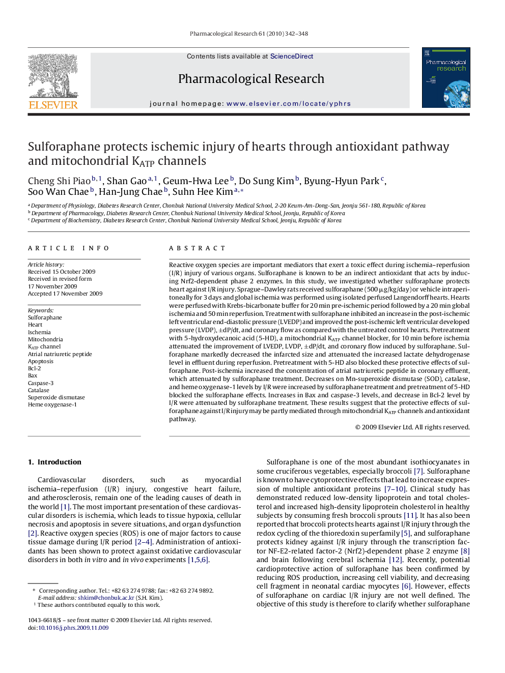 Sulforaphane protects ischemic injury of hearts through antioxidant pathway and mitochondrial KATP channels