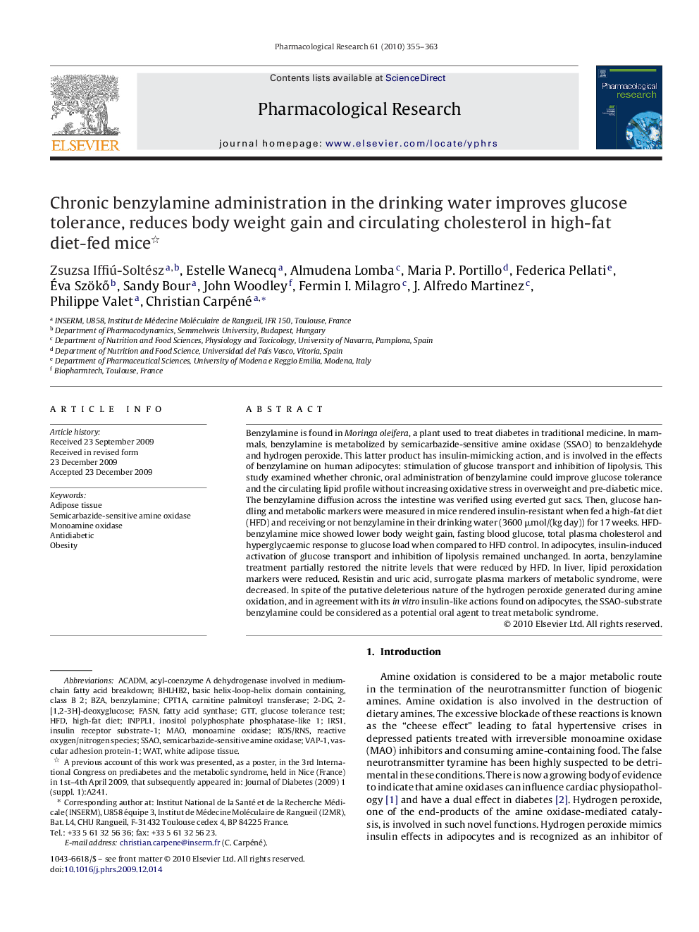 Chronic benzylamine administration in the drinking water improves glucose tolerance, reduces body weight gain and circulating cholesterol in high-fat diet-fed mice