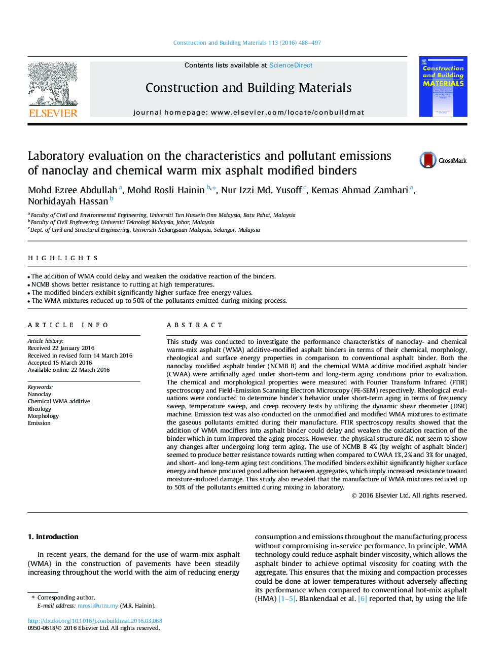 Laboratory evaluation on the characteristics and pollutant emissions of nanoclay and chemical warm mix asphalt modified binders