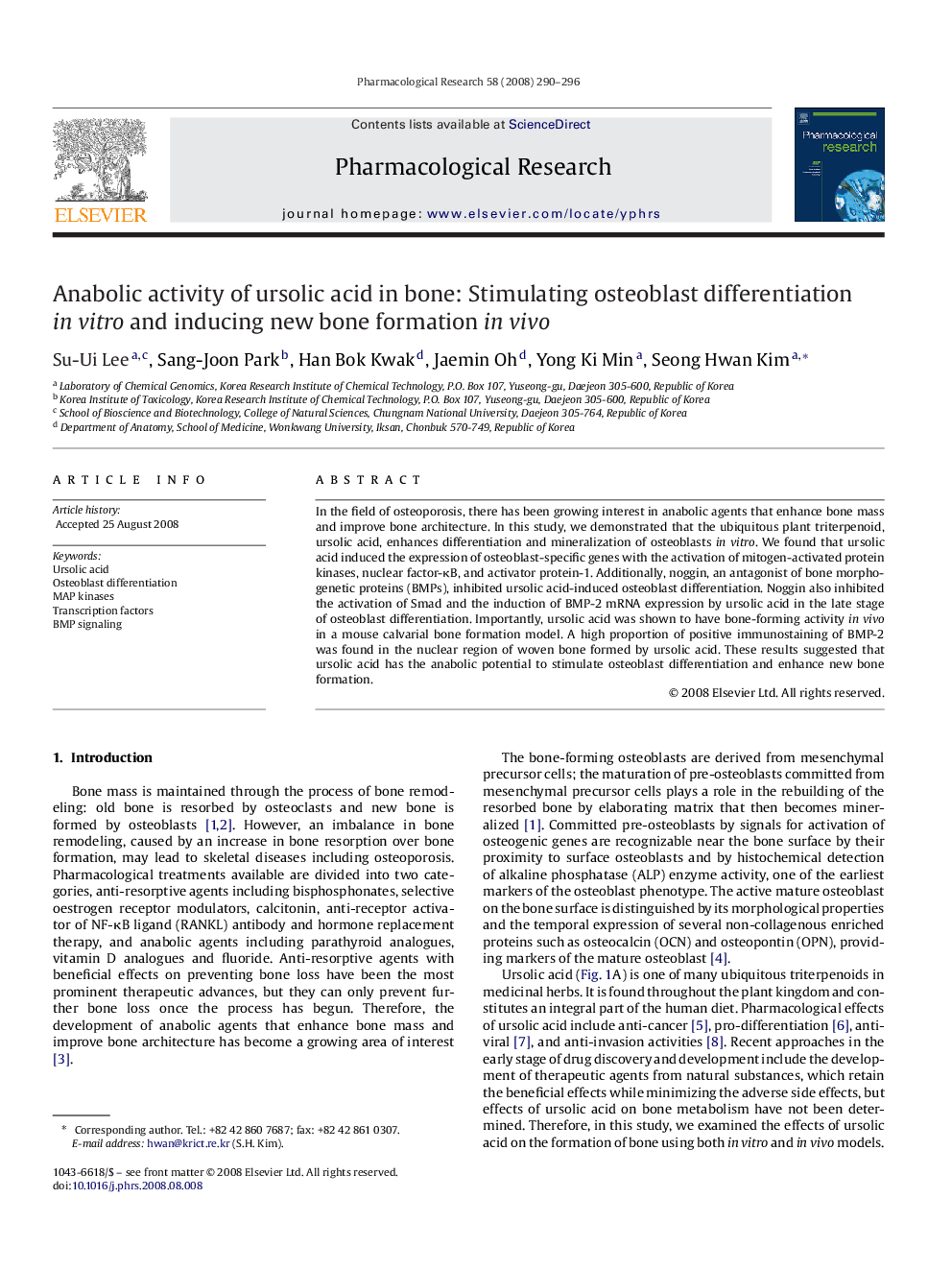 Anabolic activity of ursolic acid in bone: Stimulating osteoblast differentiation in vitro and inducing new bone formation in vivo