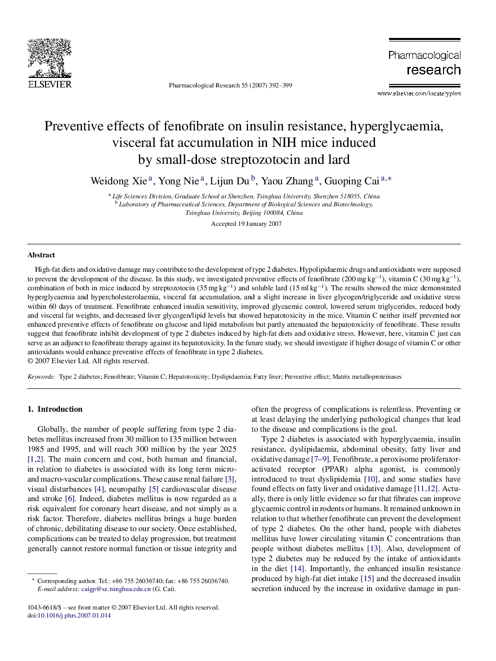 Preventive effects of fenofibrate on insulin resistance, hyperglycaemia, visceral fat accumulation in NIH mice induced by small-dose streptozotocin and lard