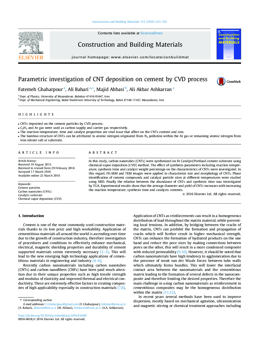 Parametric investigation of CNT deposition on cement by CVD process