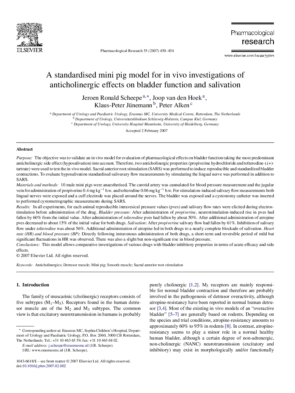 A standardised mini pig model for in vivo investigations of anticholinergic effects on bladder function and salivation