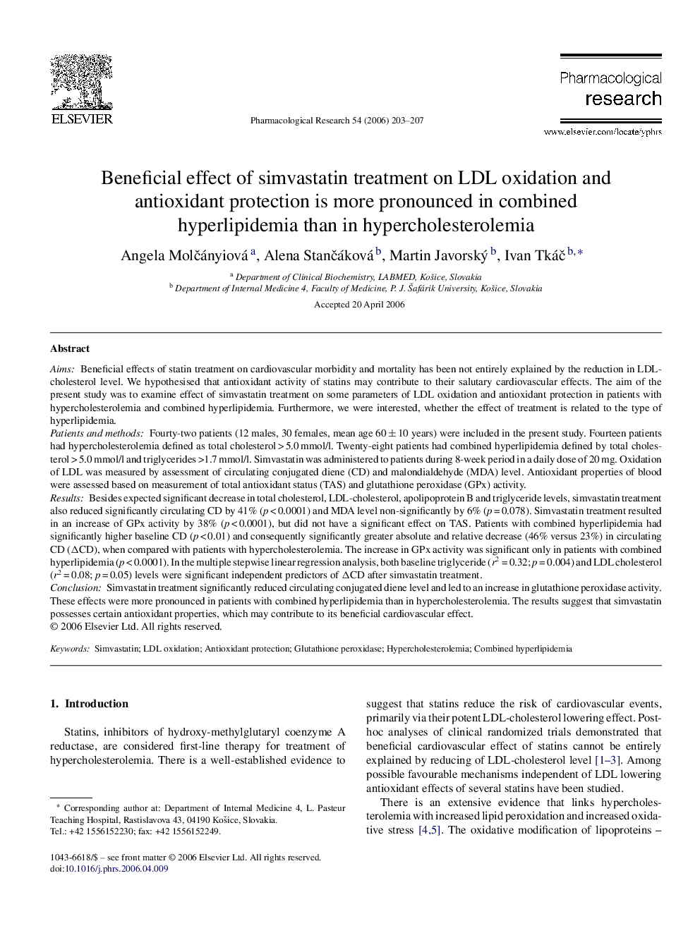 Beneficial effect of simvastatin treatment on LDL oxidation and antioxidant protection is more pronounced in combined hyperlipidemia than in hypercholesterolemia