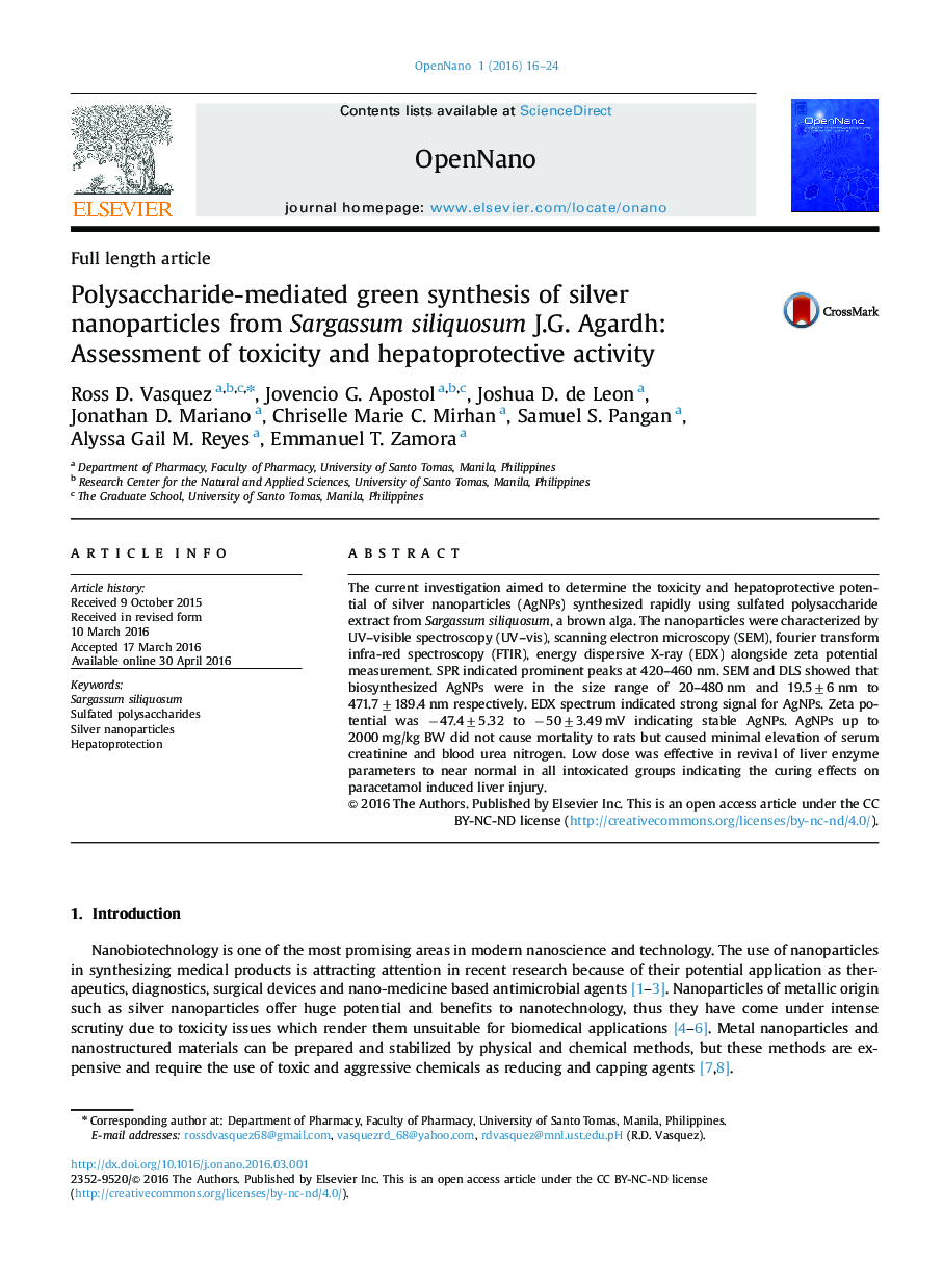 Polysaccharide-mediated green synthesis of silver nanoparticles from Sargassum siliquosum J.G. Agardh: Assessment of toxicity and hepatoprotective activity