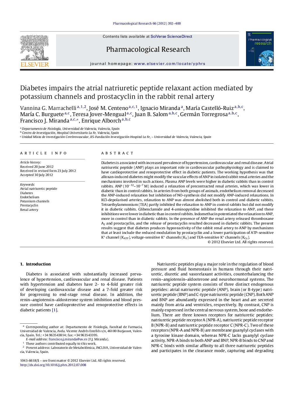 Diabetes impairs the atrial natriuretic peptide relaxant action mediated by potassium channels and prostacyclin in the rabbit renal artery