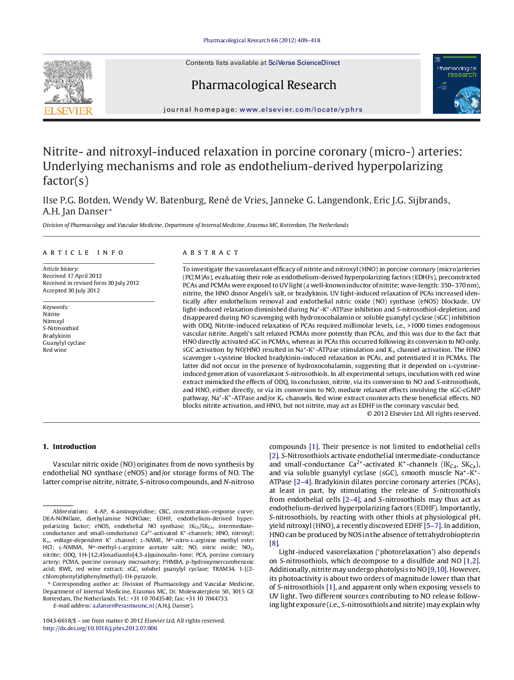 Nitrite- and nitroxyl-induced relaxation in porcine coronary (micro-) arteries: Underlying mechanisms and role as endothelium-derived hyperpolarizing factor(s)