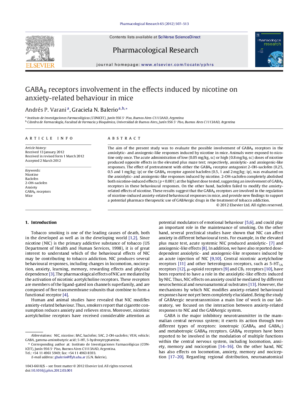 GABAB receptors involvement in the effects induced by nicotine on anxiety-related behaviour in mice