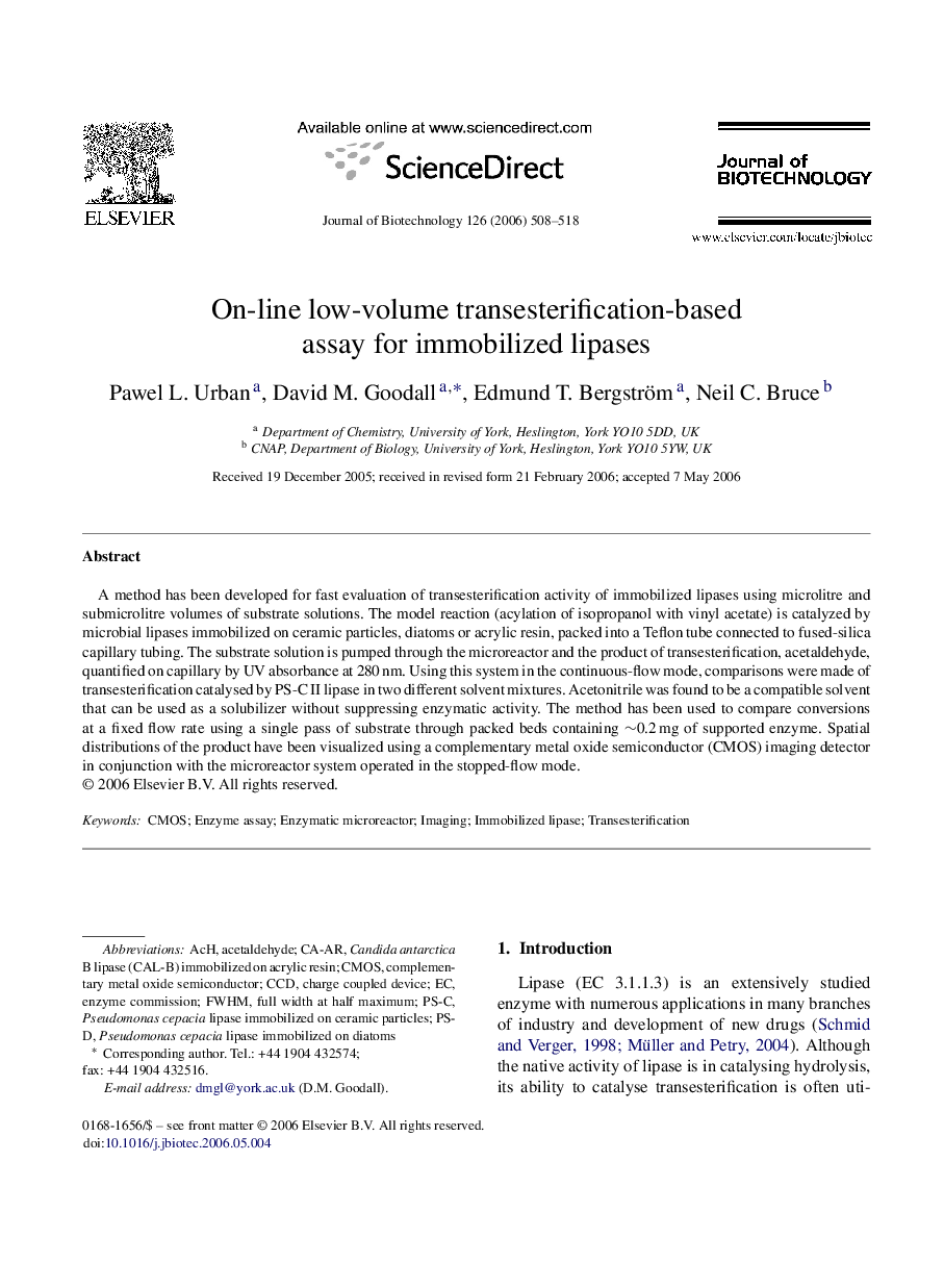 On-line low-volume transesterification-based assay for immobilized lipases