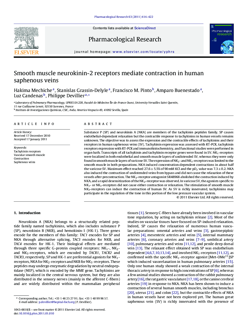 Smooth muscle neurokinin-2 receptors mediate contraction in human saphenous veins