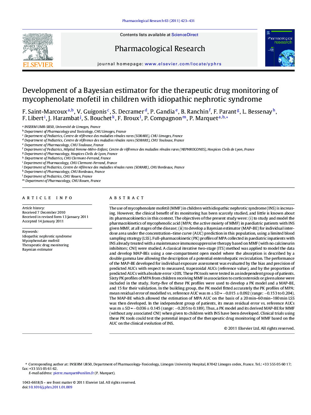 Development of a Bayesian estimator for the therapeutic drug monitoring of mycophenolate mofetil in children with idiopathic nephrotic syndrome