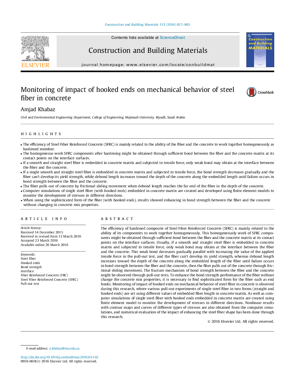 Monitoring of impact of hooked ends on mechanical behavior of steel fiber in concrete